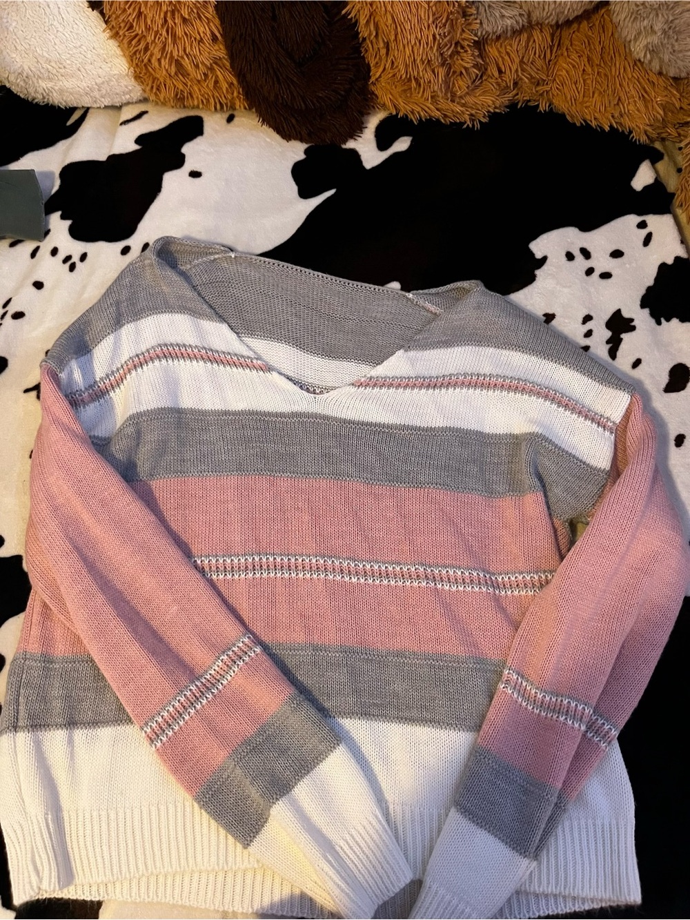 SHEIN Pink Gray White Striped V-Neck Sweater
